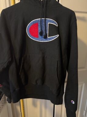 Champion Black Hoodie with Red & Blue Logo Patch